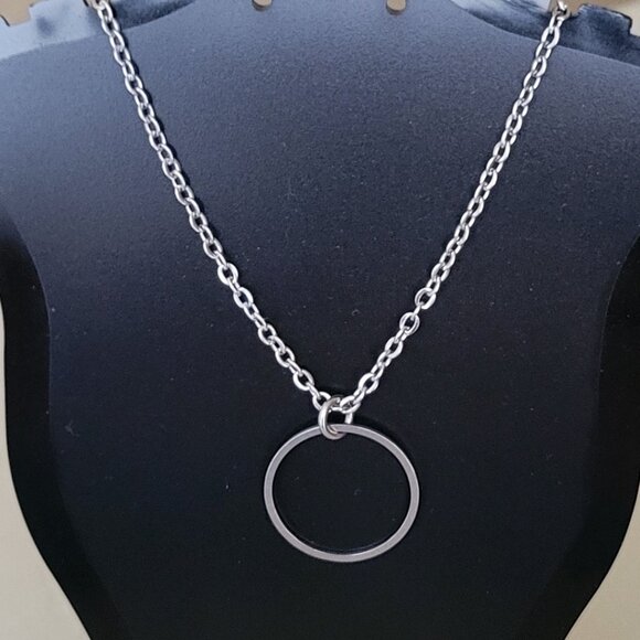 CIRCLE Stainless Steel Charm Chain Necklace 18" Minimalist 14mm round - Picture 2 of 16